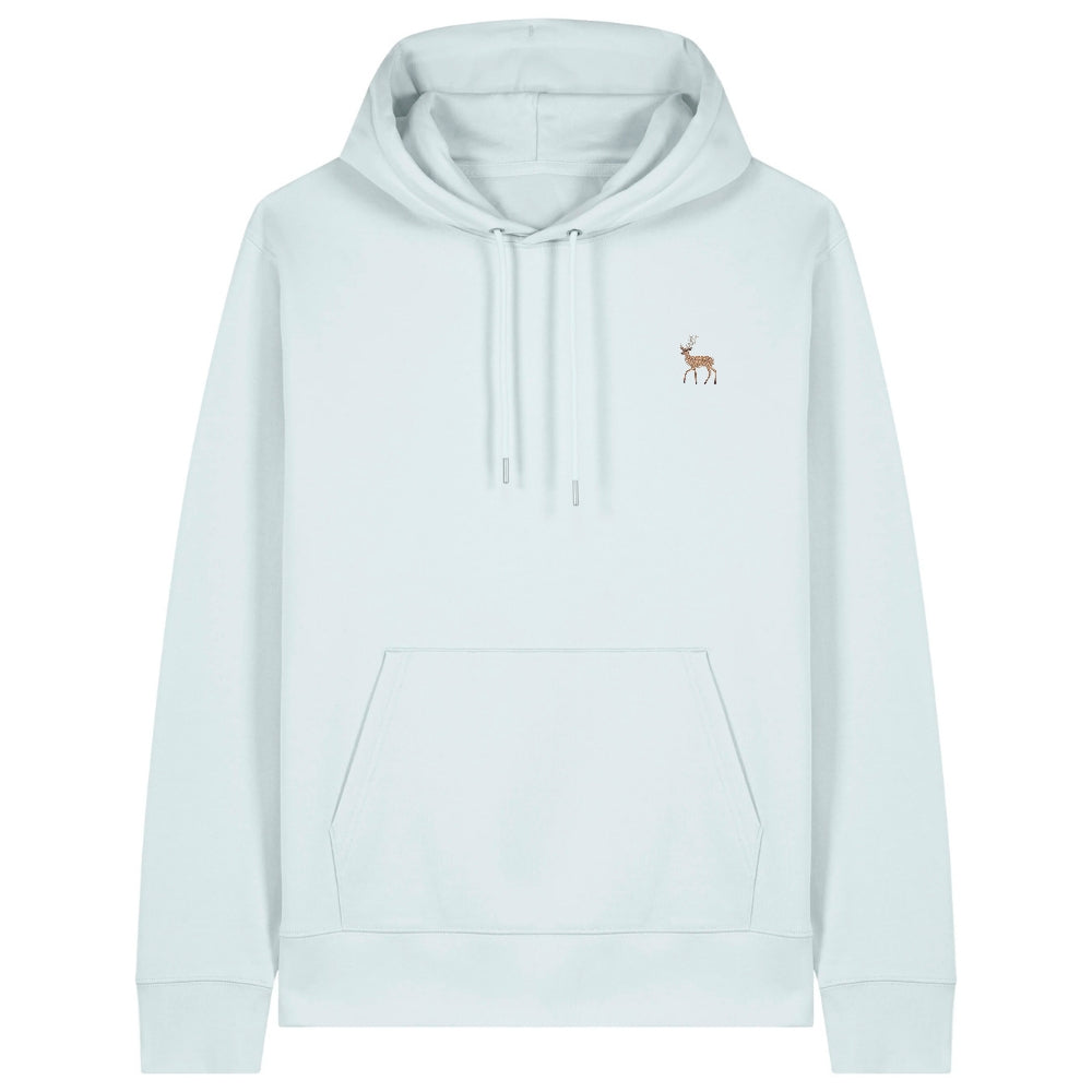 Hirsch Hoodie aus Bio-Baumwolle in Blue Ice – Vorderansicht mit gesticktem Hirsch-Motiv