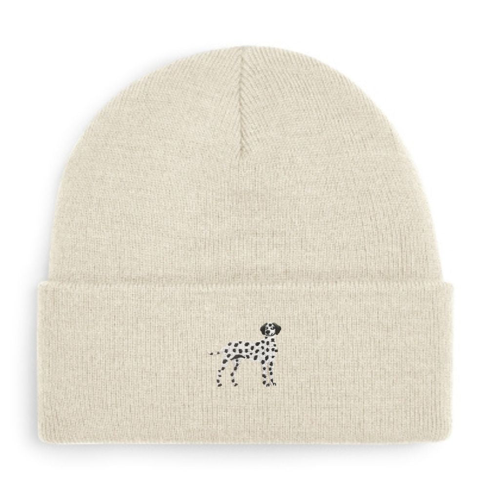 Dalmatiner Beanie in hell beige mit schwarzem Dalmatiner-Stickmotiv