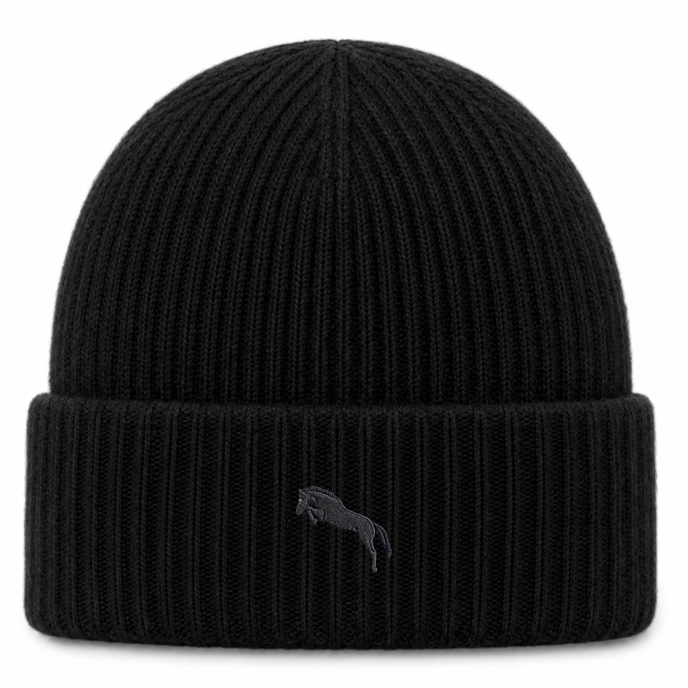 Heytoki extraweiche Beanie in Black Marl mit gesticktem Pferdemotiv