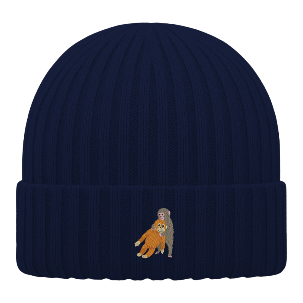 Heytoki Kinder-Beanie aus Bio-Baumwolle in Oxford Navy mit gesticktem Affenmotiv
