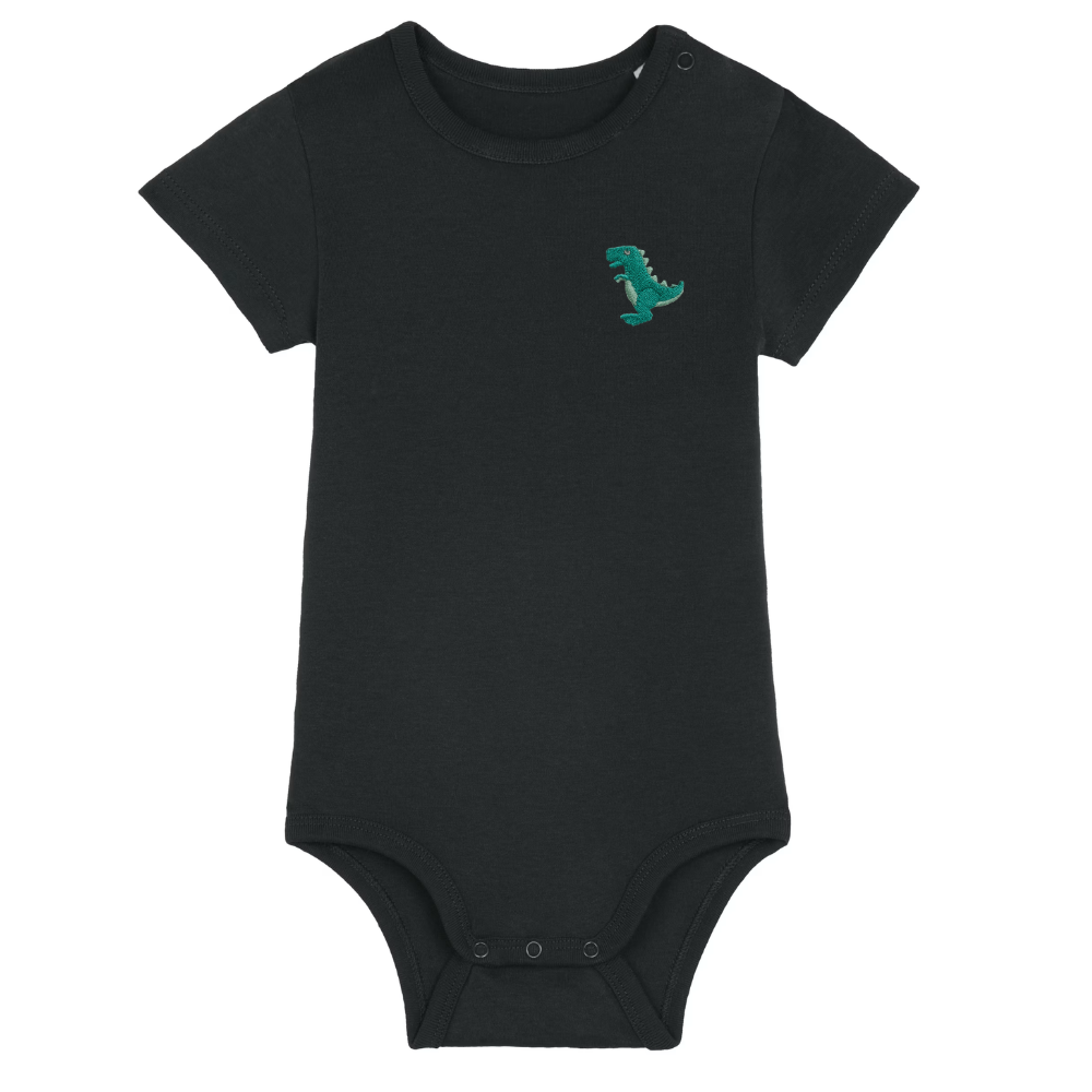 Heytoki Baby-Body aus Bio-Baumwolle in Schwarz mit gesticktem Dinosauriermotiv