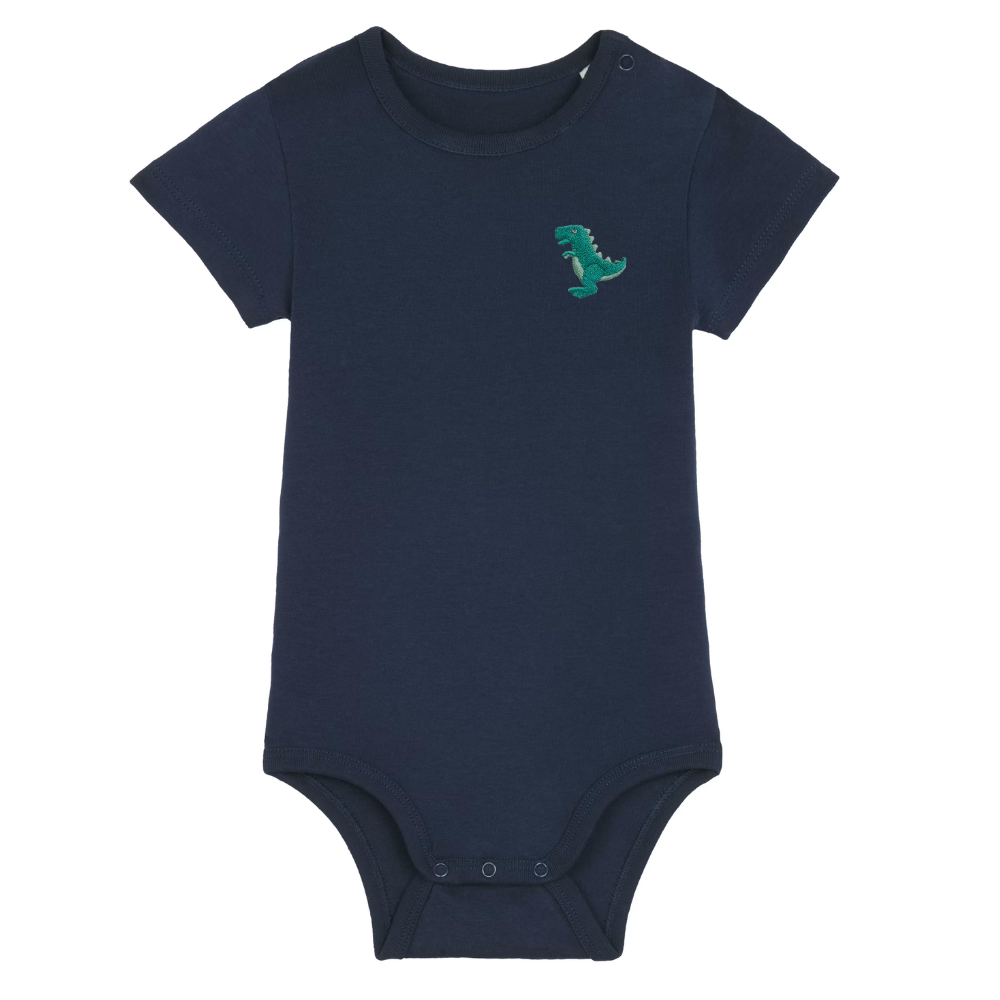 Heytoki Baby-Body aus Bio-Baumwolle in French Navy (Dunkelblau) mit gesticktem Dinosauriermotiv