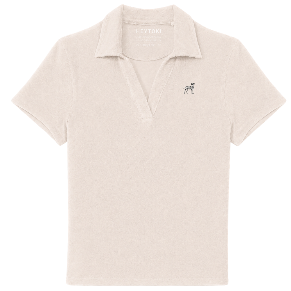 Heytoki Damen-Frottee-Poloshirt aus Bio-Baumwollmix in Ivory mit gesticktem Dalmatinermotiv