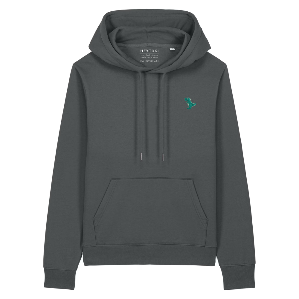 Heytoki Damen-Hoodie aus Bio- und recycelter Baumwolle in Anthrazit mit gesticktem Dinomotiv
