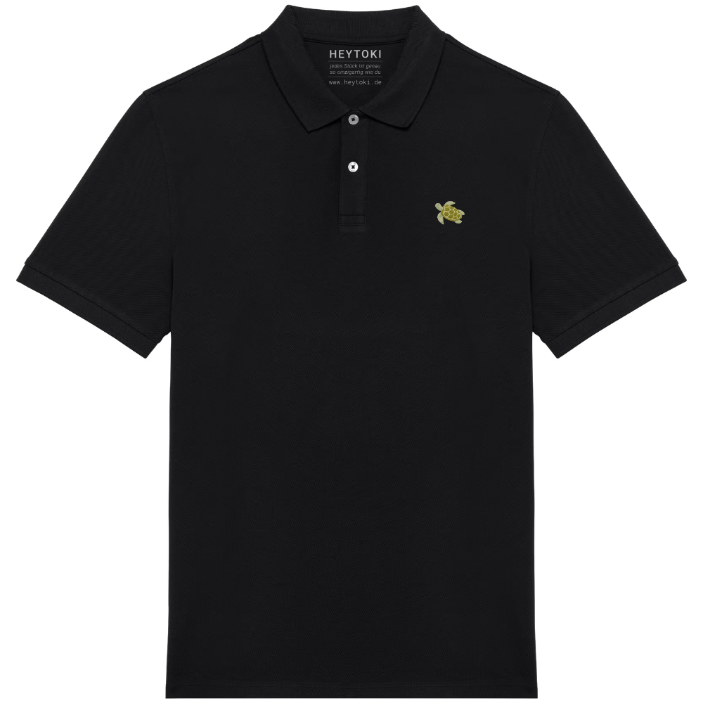 Heytoki Herren-Poloshirt aus Bio-Baumwolle in Schwarz mit gesticktem Schildkröten-Motiv