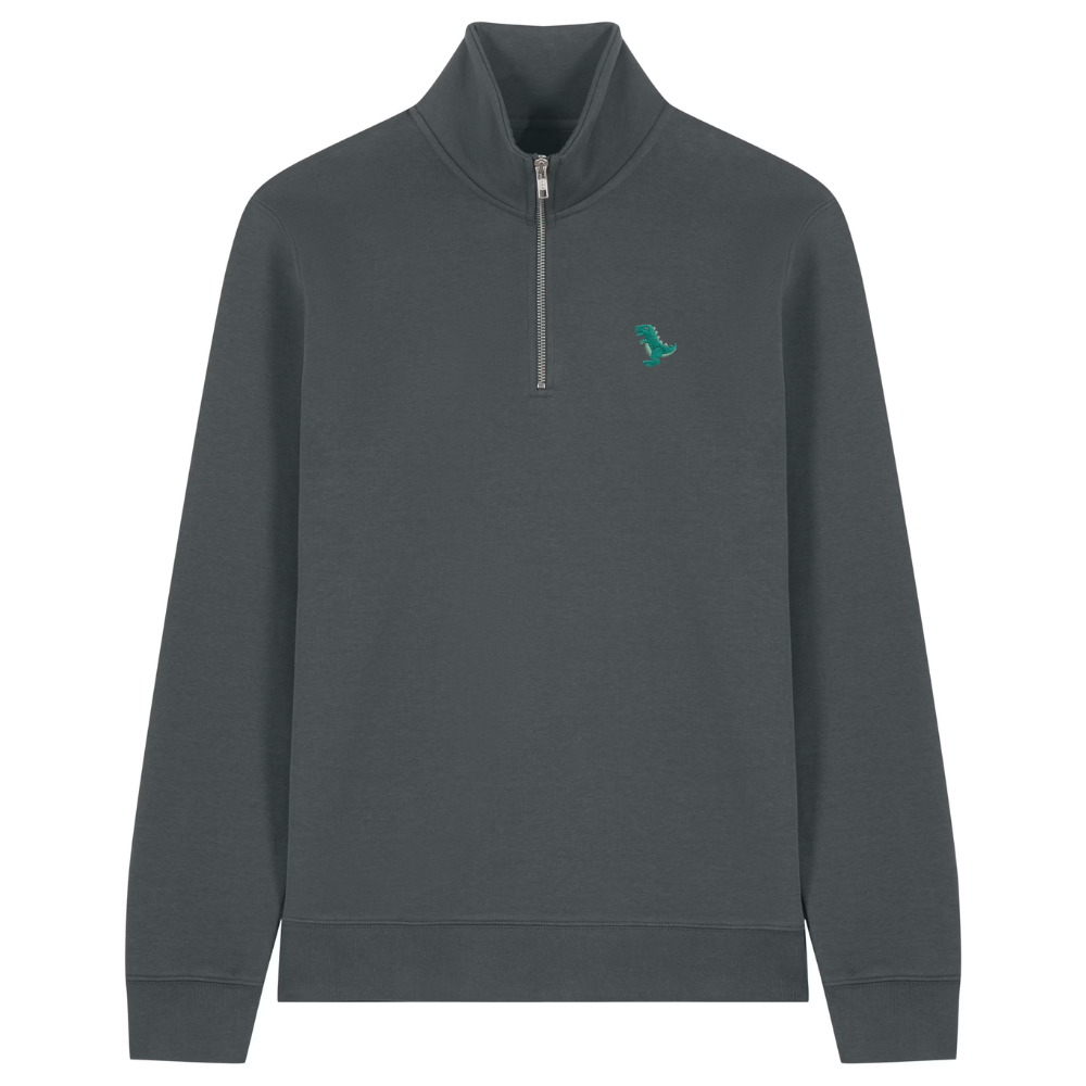 Heytoki Quarter-Zip-Hoodie in Anthrazit mit gesticktem Dinosauriermotiv