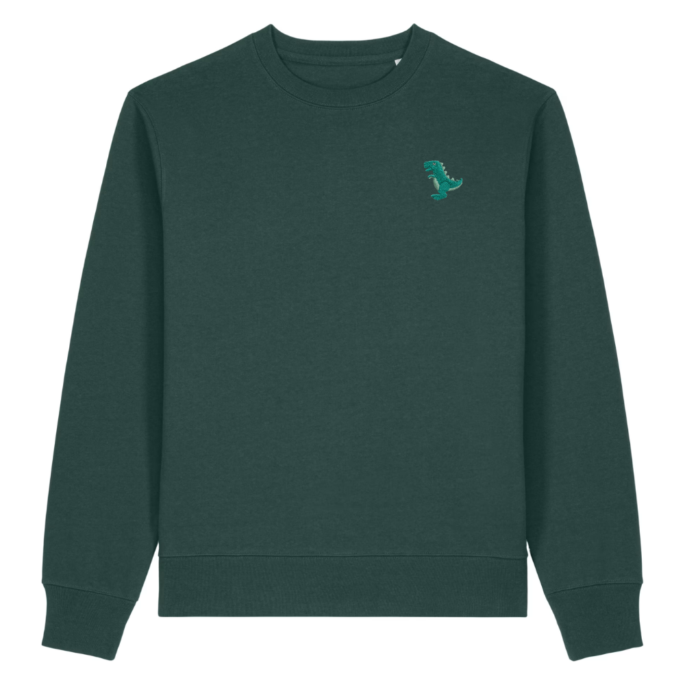 Heytoki Herren-Sweater in Glazed Green (Dunkelgrün) mit gesticktem Dinosaurier-Motiv