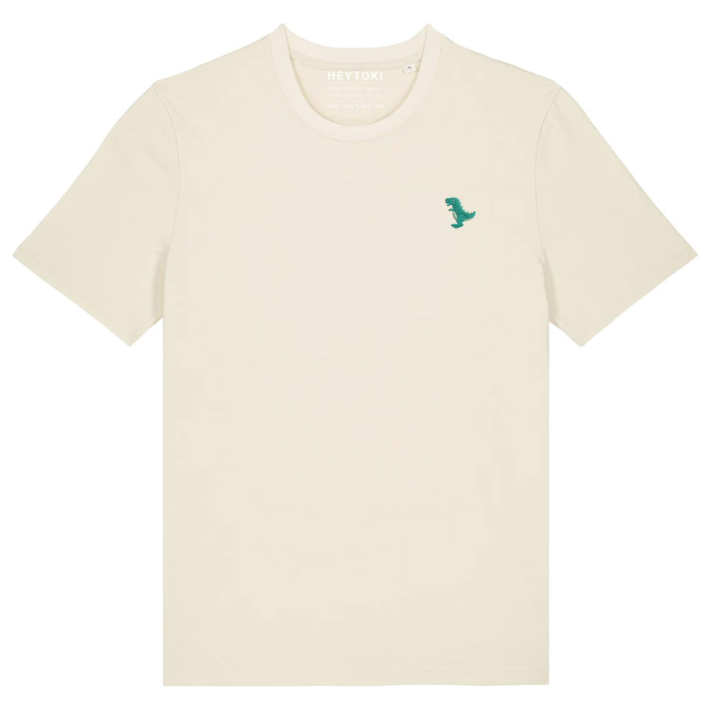 Heytoki Unisex-T-Shirt aus Bio-Baumwolle in Natural Raw (Naturweiß) mit gesticktem Dinosaurier-Motiv