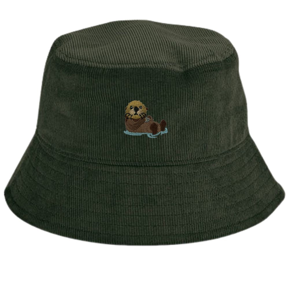 Fischerhut Baumwolle Cord dunkelgrün mit Otter Stick