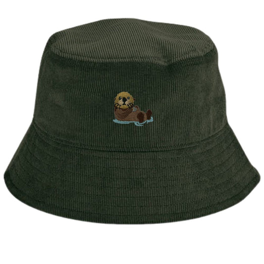 Fischerhut Baumwolle Cord dunkelgrün mit Otter Stick