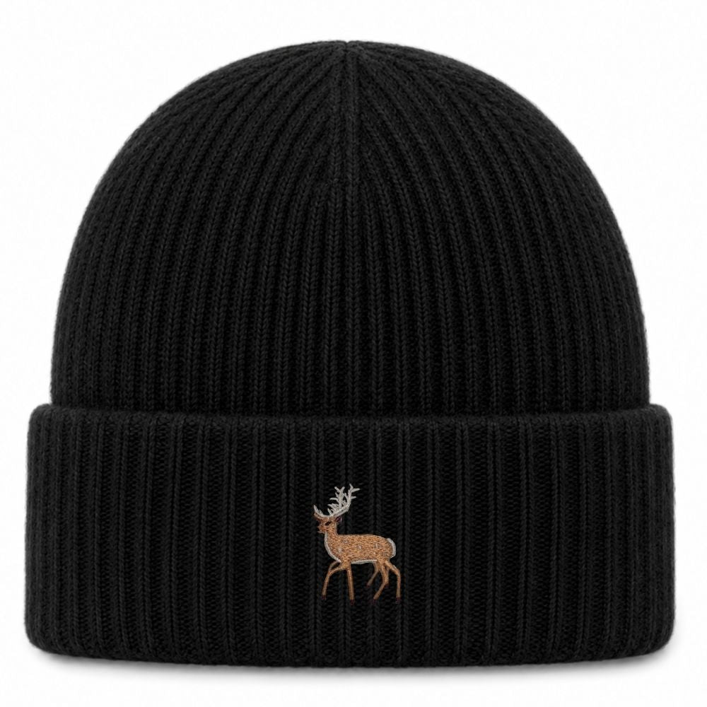 Hirsch Beanie Extraweich in Black Marl mit gesticktem Eckhard, Vorderansicht