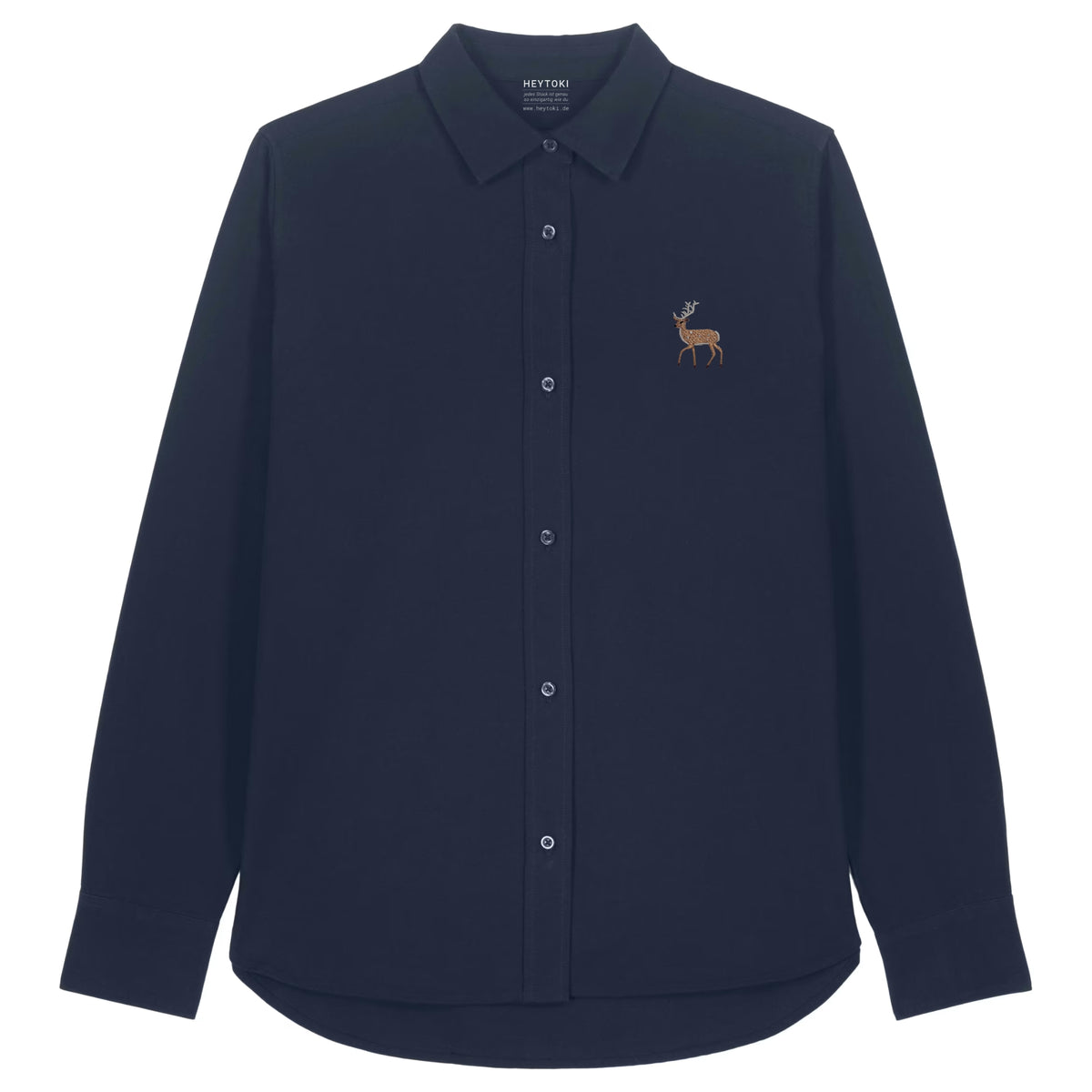 Hirsch Damen Oxfordhemd aus Bio-Baumwolle in Oxford Navy mit gesticktem Eckhard, Vorderansicht