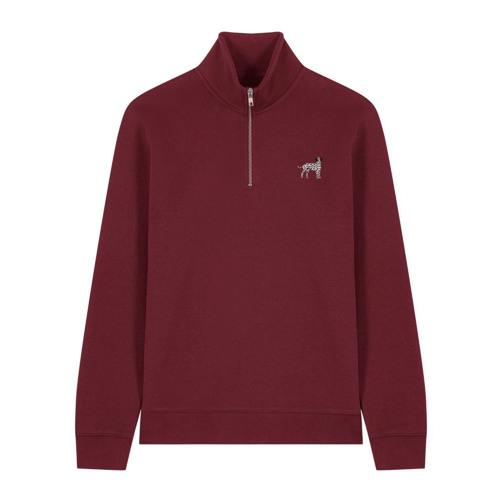 Dalmatiner Quarter Zip Hoodie in Bordeaux aus Bio Baumwolle mit gesticktem Dalmatiner Motiv