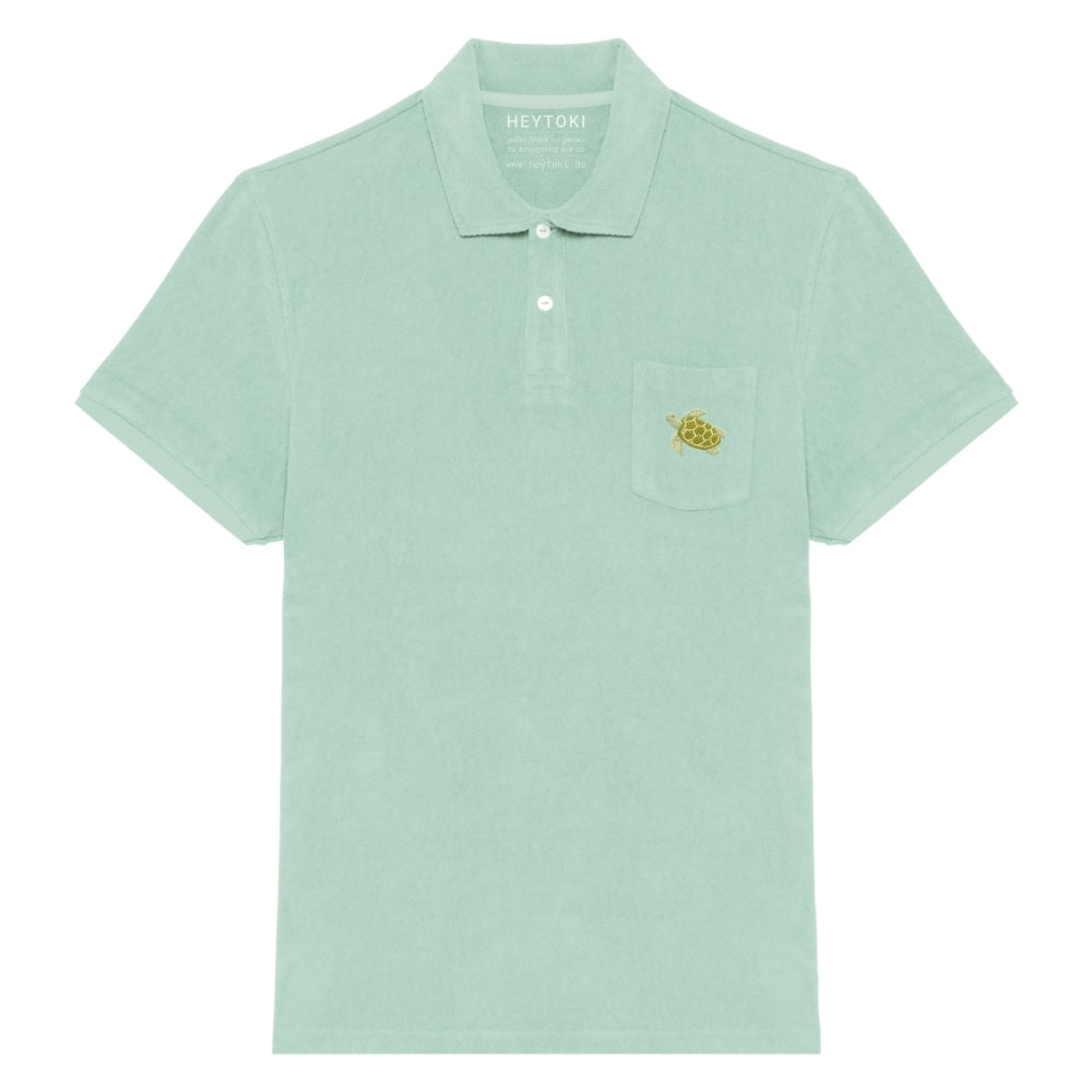 Mintfarbenes Frottee Poloshirt für Herren aus Bio Baumwolle mit gestickter Schildkröte Nacho auf der Brust.