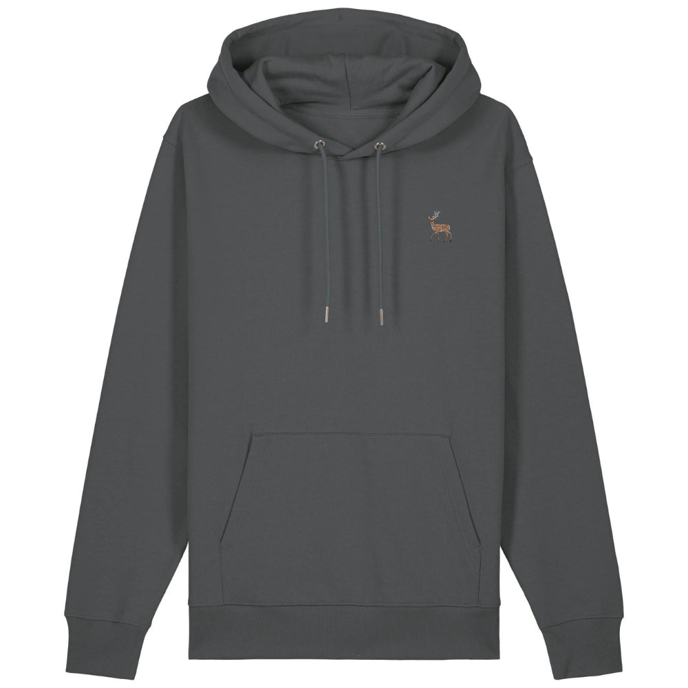 Hirsch Hoodie aus Bio-Baumwolle in Anthracite – Vorderansicht mit gesticktem Hirsch-Motiv
