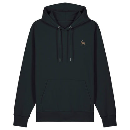 Hirsch Hoodie aus Bio-Baumwolle in Black – Vorderansicht mit gesticktem Hirsch-Motiv