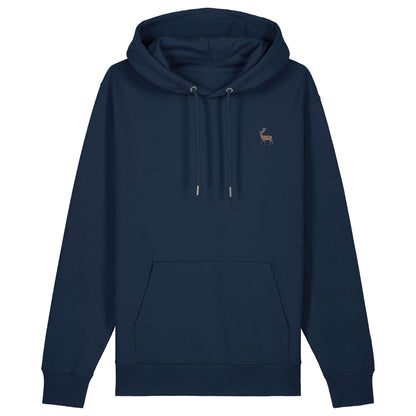 Hirsch Hoodie aus Bio-Baumwolle in French Navy – Vorderansicht mit gesticktem Hirsch-Motiv