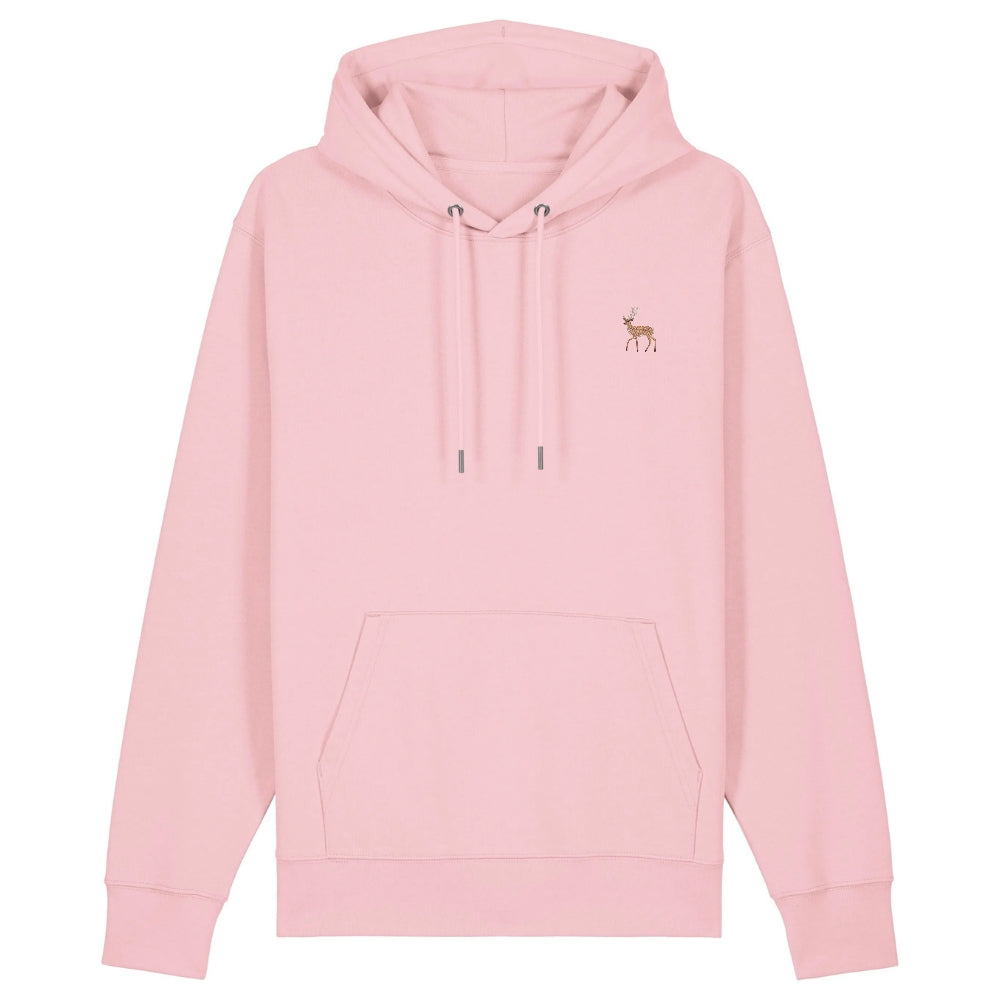 Hirsch Hoodie aus Bio-Baumwolle in Cotton Pink – Vorderansicht mit gesticktem Hirsch-Motiv
