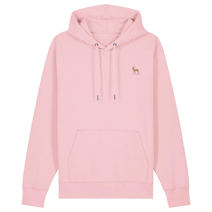Hirsch Hoodie aus Bio-Baumwolle in Cotton Pink – Vorderansicht mit gesticktem Hirsch-Motiv