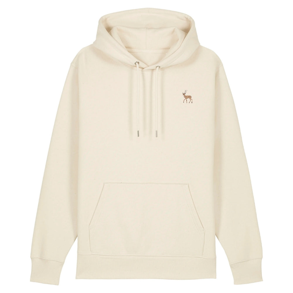 Hirsch Hoodie aus Bio-Baumwolle in Natural Raw – Vorderansicht mit gesticktem Hirsch-Motiv