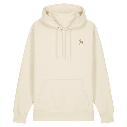 Hirsch Hoodie aus Bio-Baumwolle in Natural Raw – Vorderansicht mit gesticktem Hirsch-Motiv