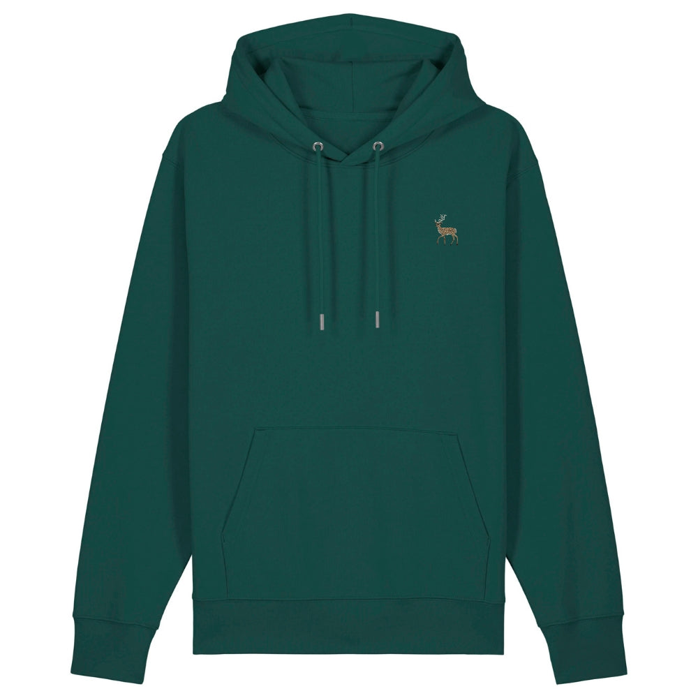 Hirsch Hoodie aus Bio-Baumwolle in Glazed Green – Vorderansicht mit gesticktem Hirsch-Motiv