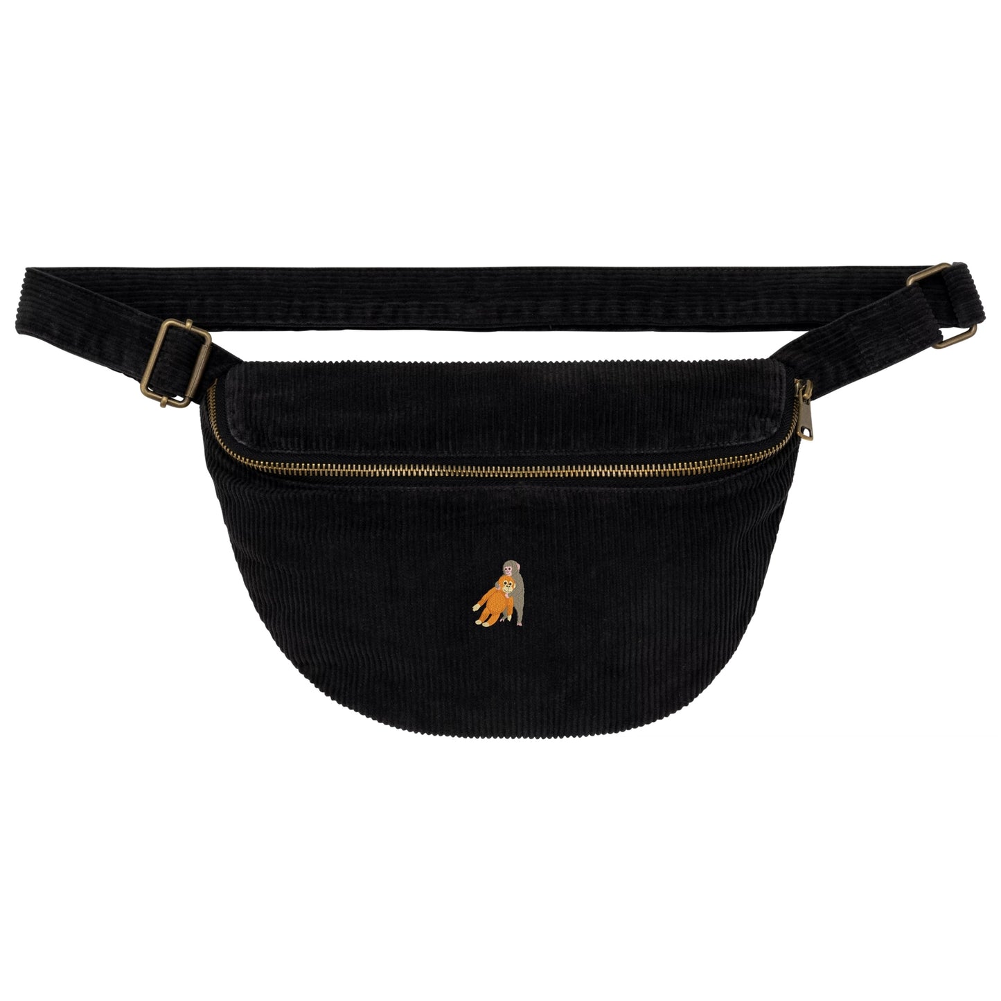 Heytoki Cord-Bauchtasche aus Bio-Baumwolle in Vintage Black mit gesticktem Affenmotiv