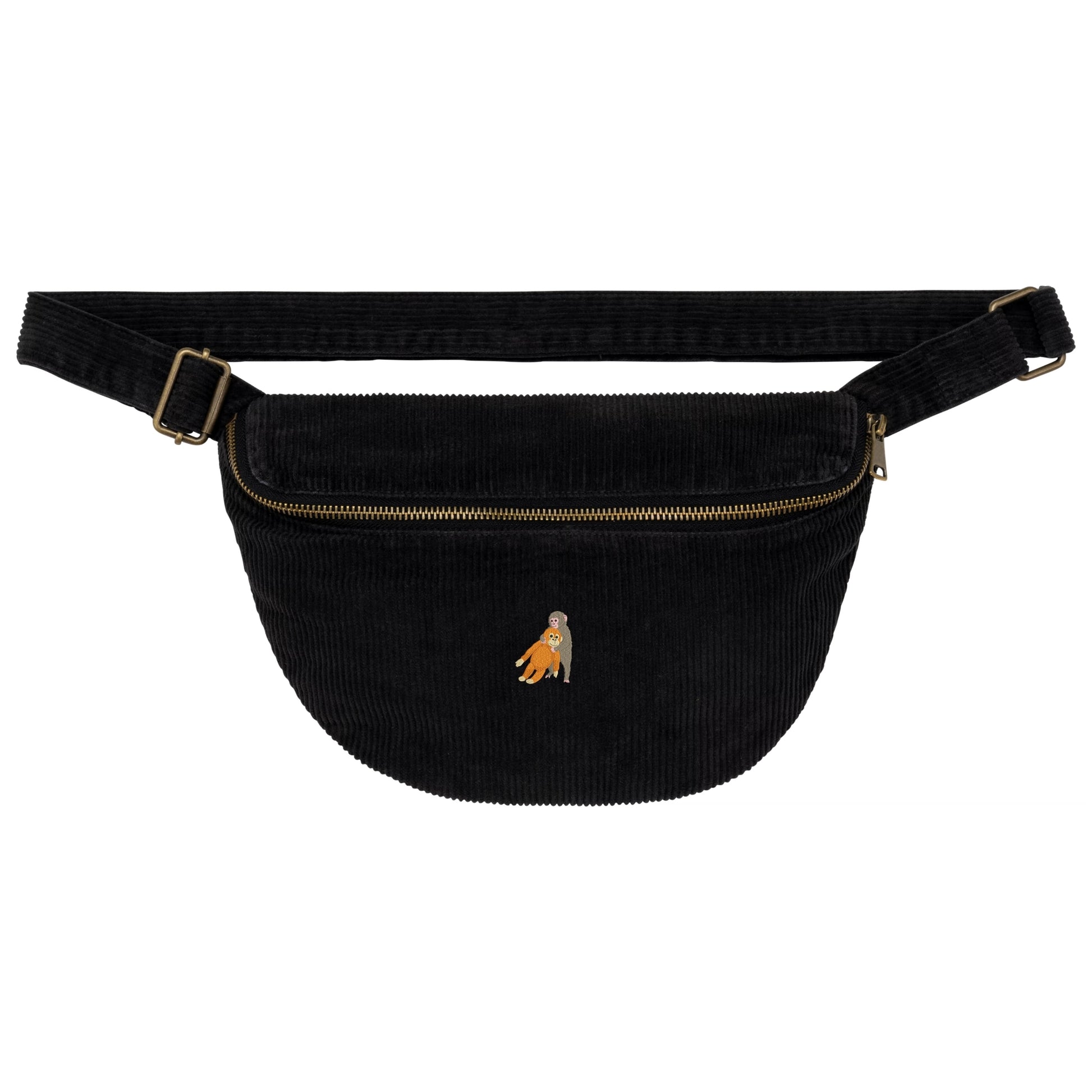 Heytoki Cord-Bauchtasche aus Bio-Baumwolle in Vintage Black mit gesticktem Affenmotiv