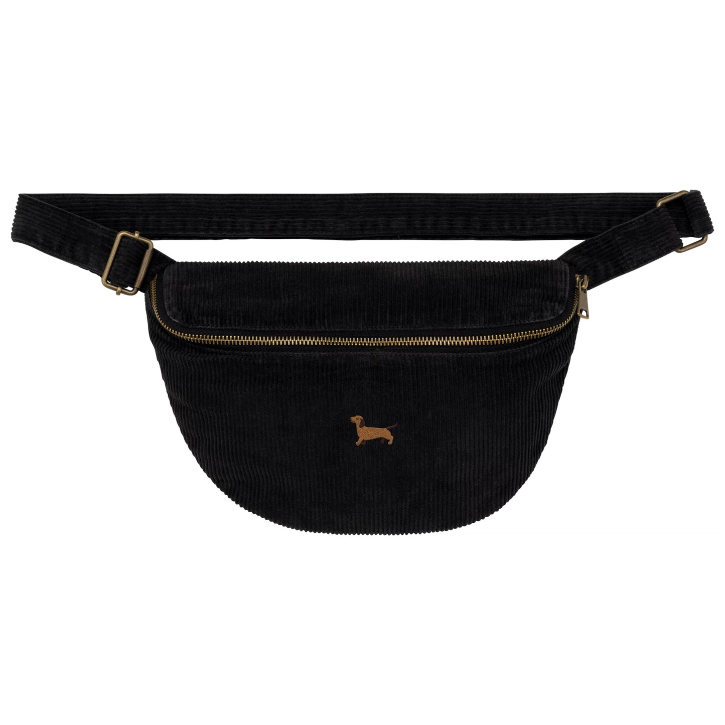 Heytoki Cord-Bauchtasche aus Bio-Baumwolle in Washed Black mit gesticktem Dackelmotiv