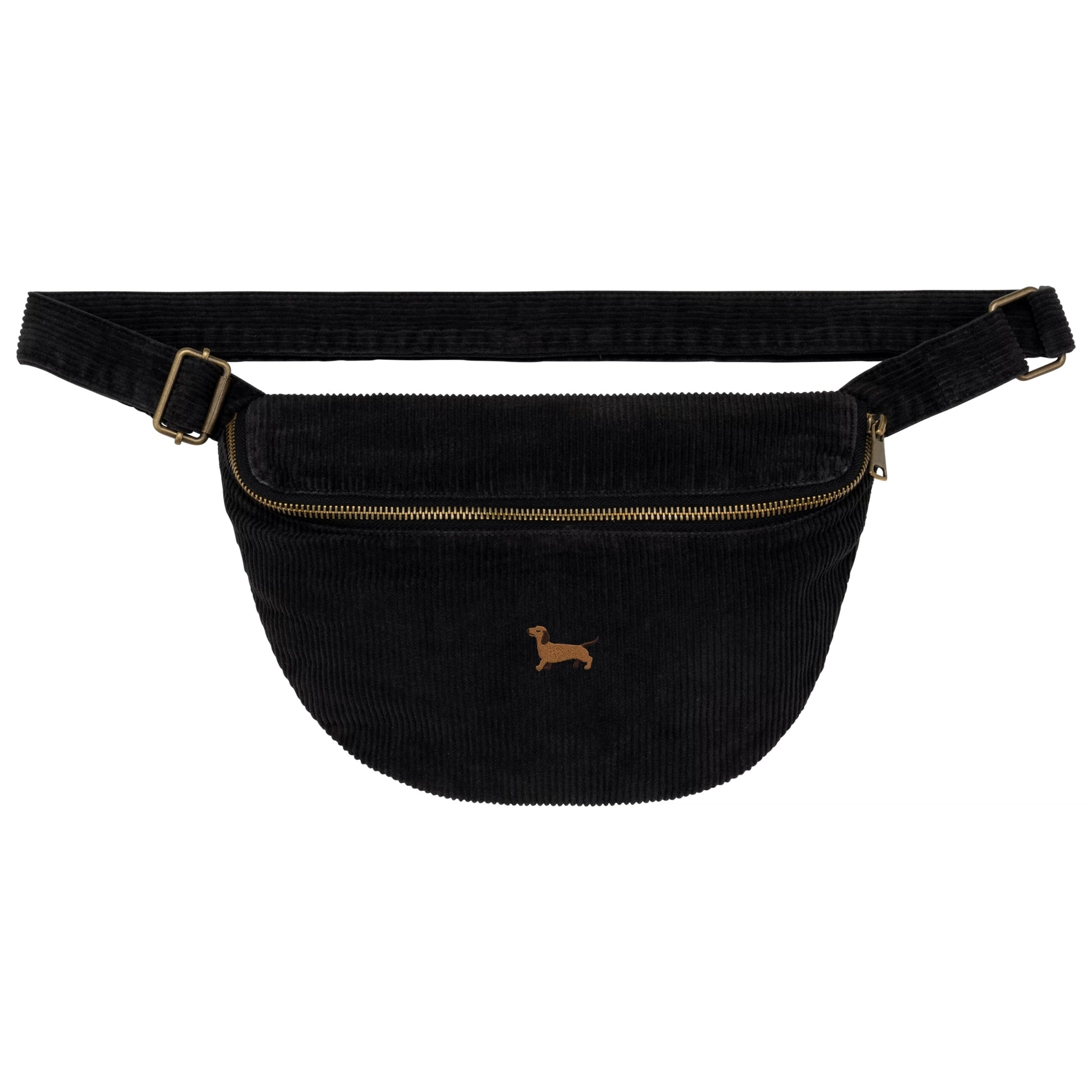 Heytoki Cord-Bauchtasche aus Bio-Baumwolle in Washed Black mit gesticktem Dackelmotiv