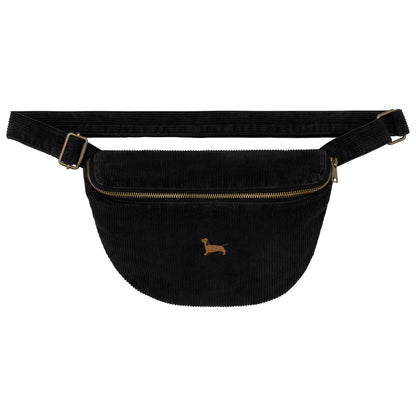 Heytoki Cord-Bauchtasche aus Bio-Baumwolle in Washed Black mit gesticktem Dackelmotiv