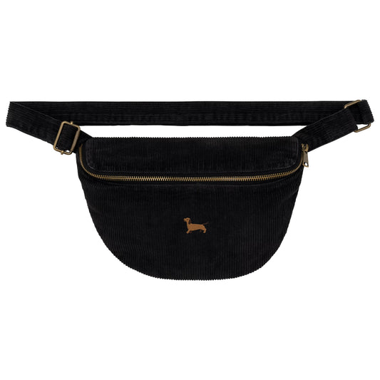 Heytoki Cord-Bauchtasche aus Bio-Baumwolle in Washed Black mit gesticktem Dackelmotiv