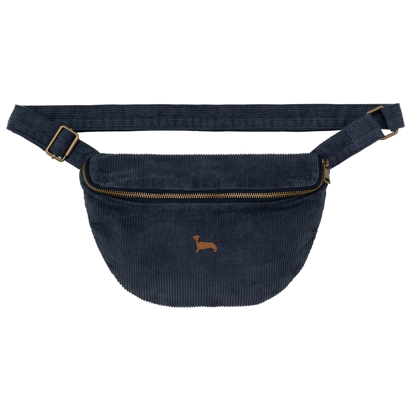 Heytoki Cord-Bauchtasche aus Bio-Baumwolle in Washed Navy Blue mit gesticktem Dackelmotiv
