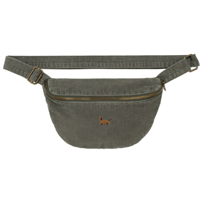 Heytoki Cord-Bauchtasche aus Bio-Baumwolle in Washed Organic Khaki mit gesticktem Dackelmotiv