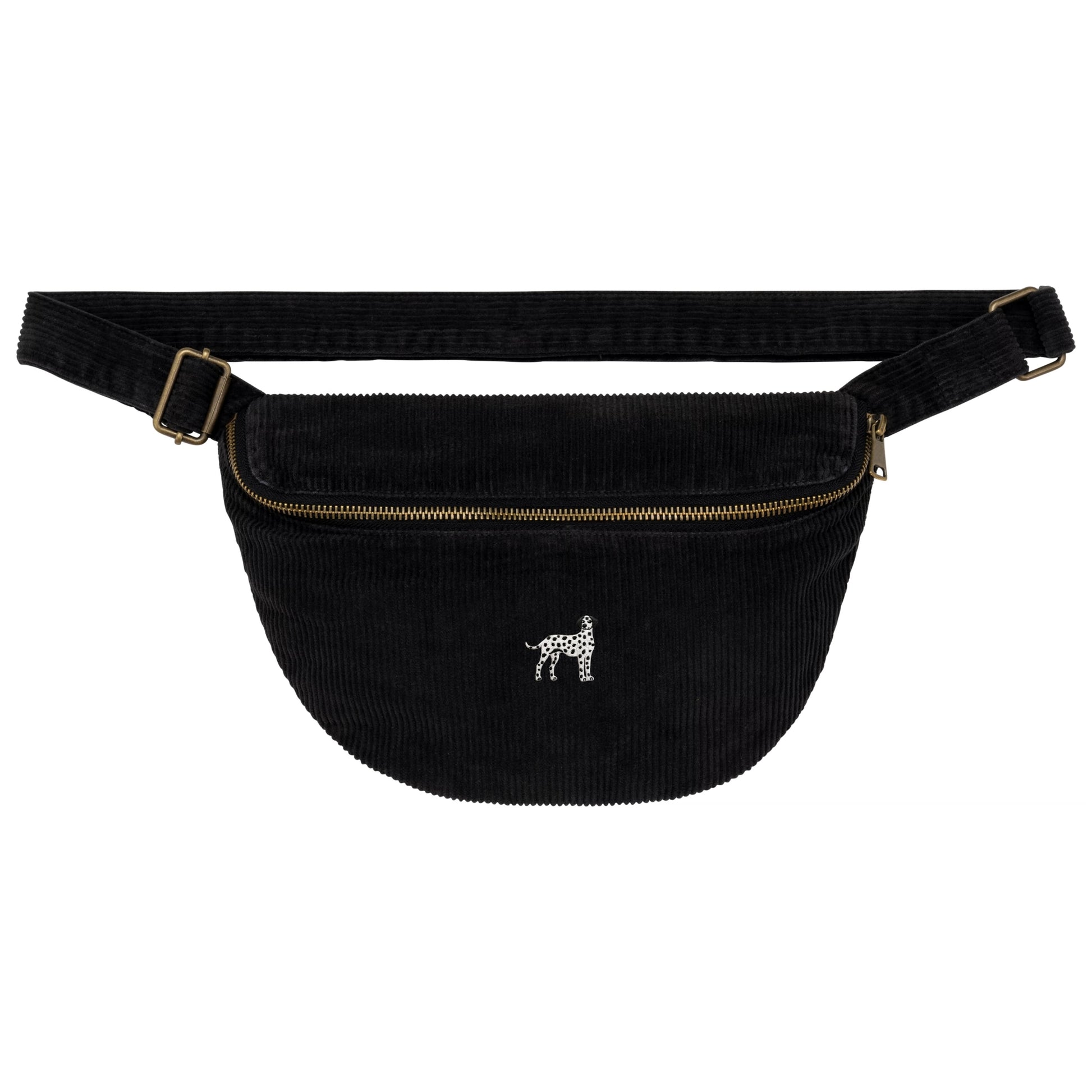 Heytoki Cord-Bauchtasche aus Bio-Baumwolle in Washed Black mit gesticktem Dalmatinermotiv