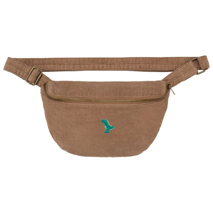 Heytoki Cord-Bauchtasche aus Bio-Baumwolle in Washed Dark Camel mit gesticktem Dinomotiv