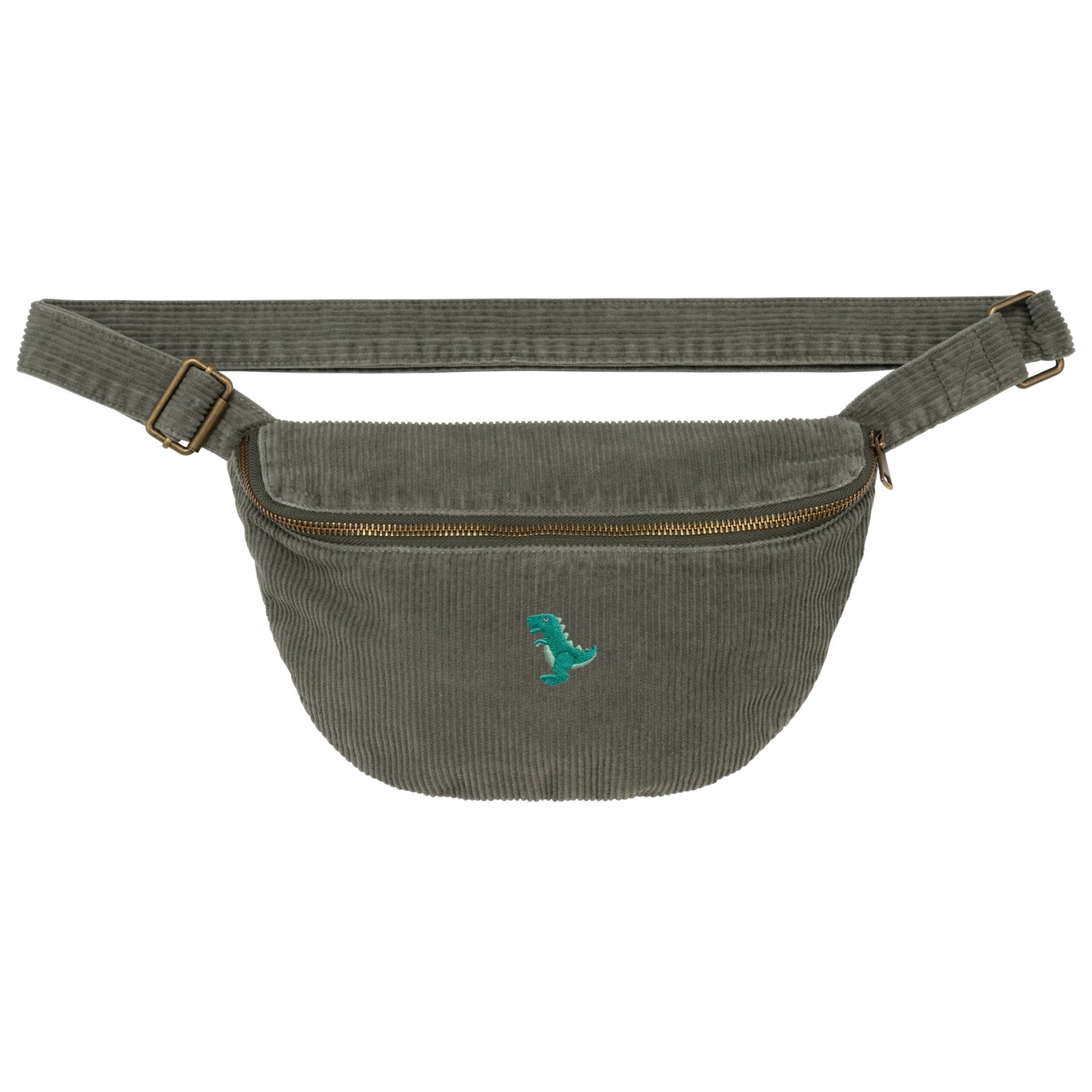 Heytoki Cord-Bauchtasche aus Bio-Baumwolle in Washed Organic Khaki mit gesticktem Dinomotiv