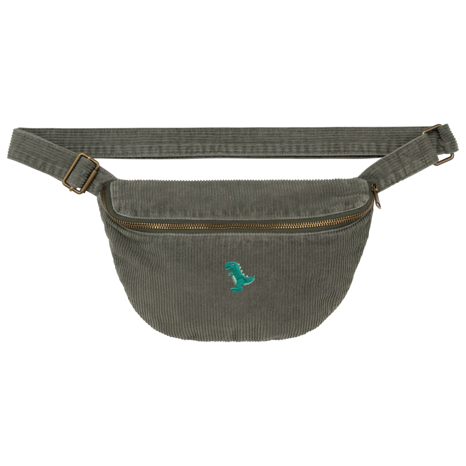 Heytoki Cord-Bauchtasche aus Bio-Baumwolle in Washed Organic Khaki mit gesticktem Dinomotiv