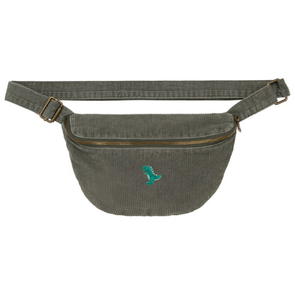 Heytoki Cord-Bauchtasche aus Bio-Baumwolle in Washed Organic Khaki mit gesticktem Dinomotiv
