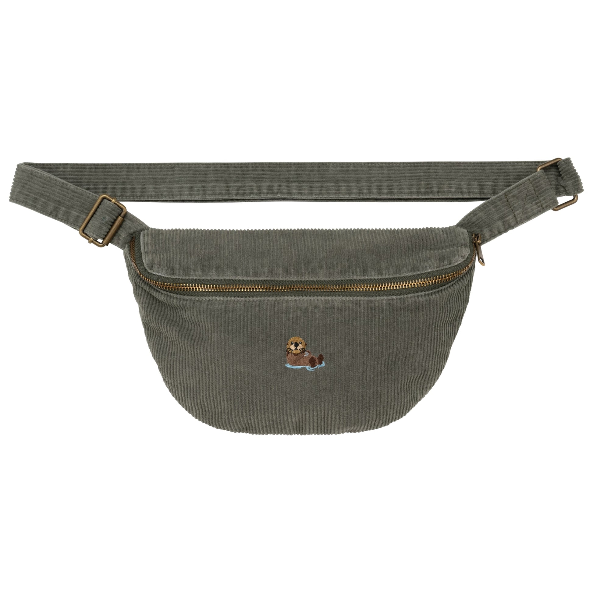 Heytoki Cord-Bauchtasche aus Bio-Baumwolle in Washed Organic Khaki mit gesticktem Ottermotiv
