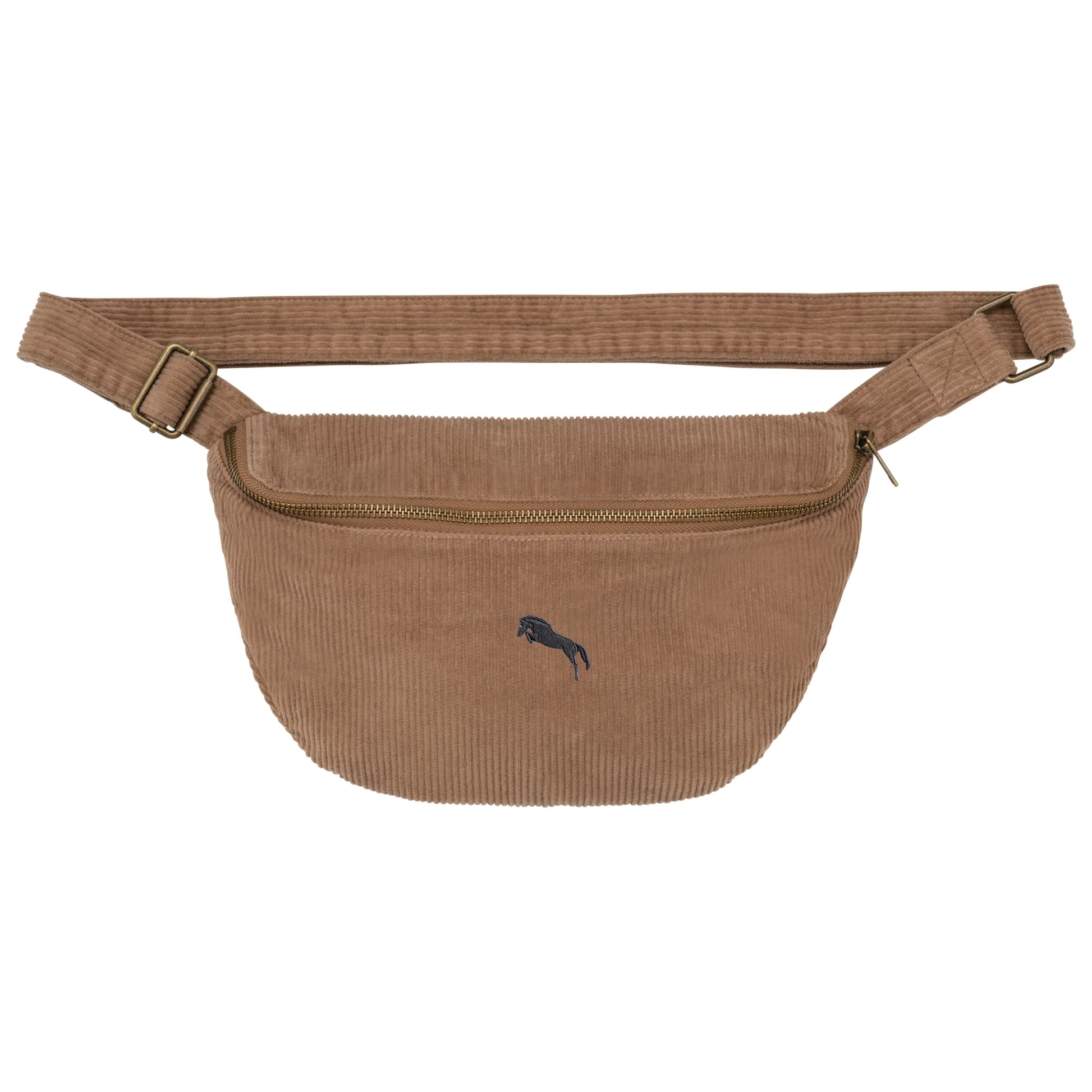 Heytoki Cord-Bauchtasche aus Bio-Baumwolle in Washed Dark Camel mit gesticktem Pferdemotiv