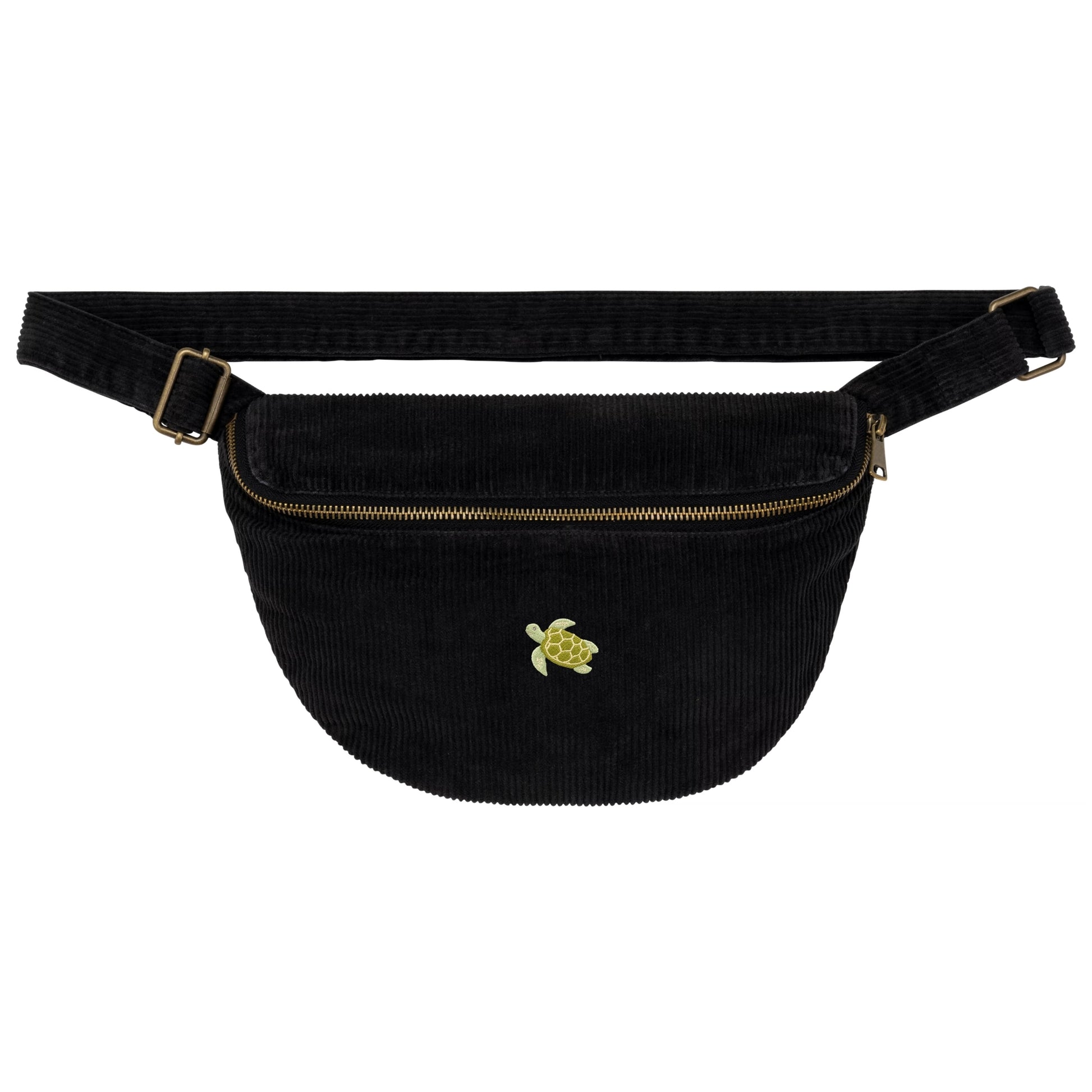 Heytoki Cord-Bauchtasche aus Bio-Baumwolle in Washed Black mit gesticktem Schildkrötenmotiv