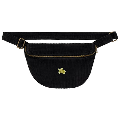 Heytoki Cord-Bauchtasche aus Bio-Baumwolle in Washed Black mit gesticktem Schildkrötenmotiv
