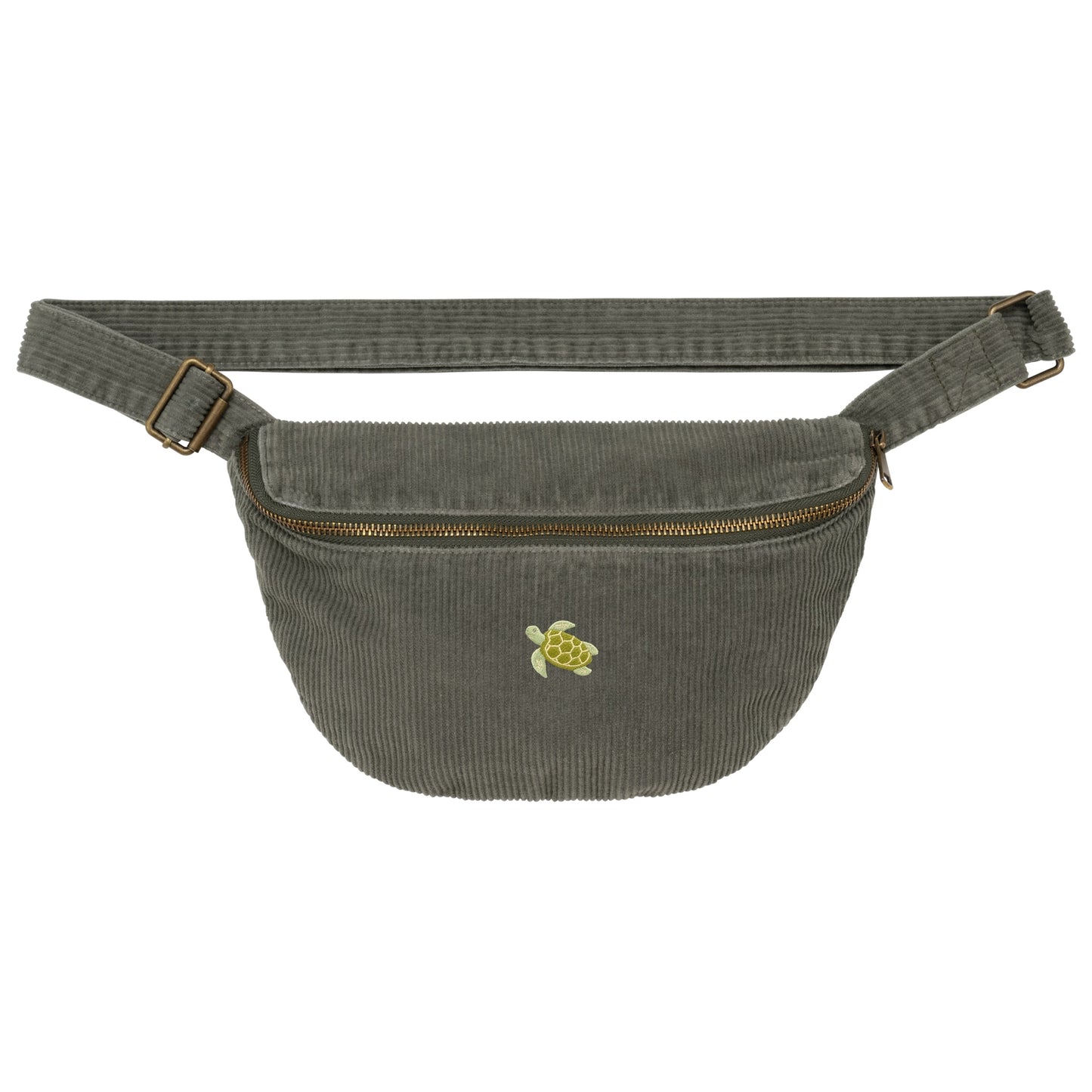 Heytoki Cord-Bauchtasche aus Bio-Baumwolle in Washed Organic Khaki mit gesticktem Schildkrötenmotiv