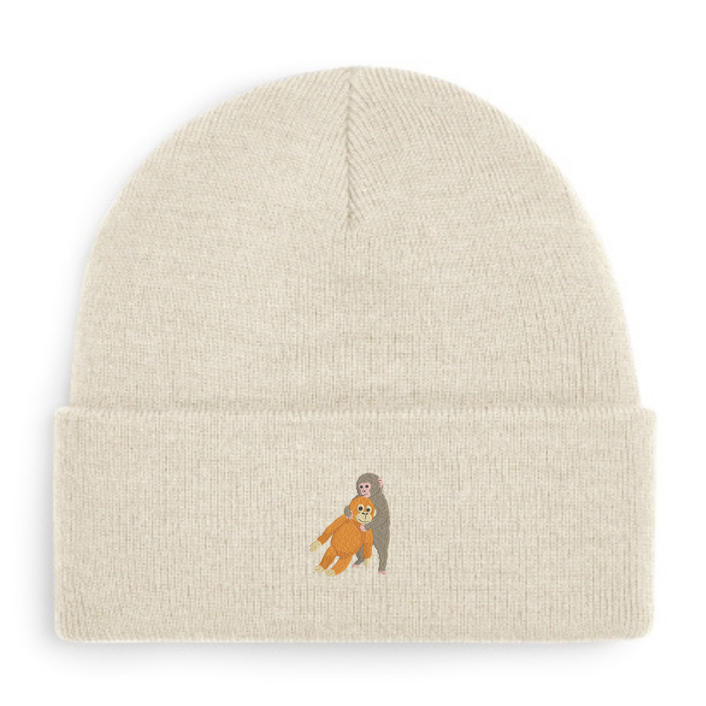 Heytoki Beanie aus Bio-Baumwolle in Almond mit gesticktem Affenmotiv