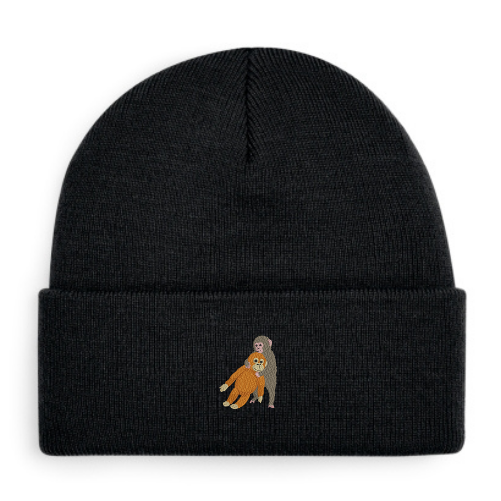 Heytoki Beanie aus Bio-Baumwolle in Schwarz mit gesticktem Affenmotiv