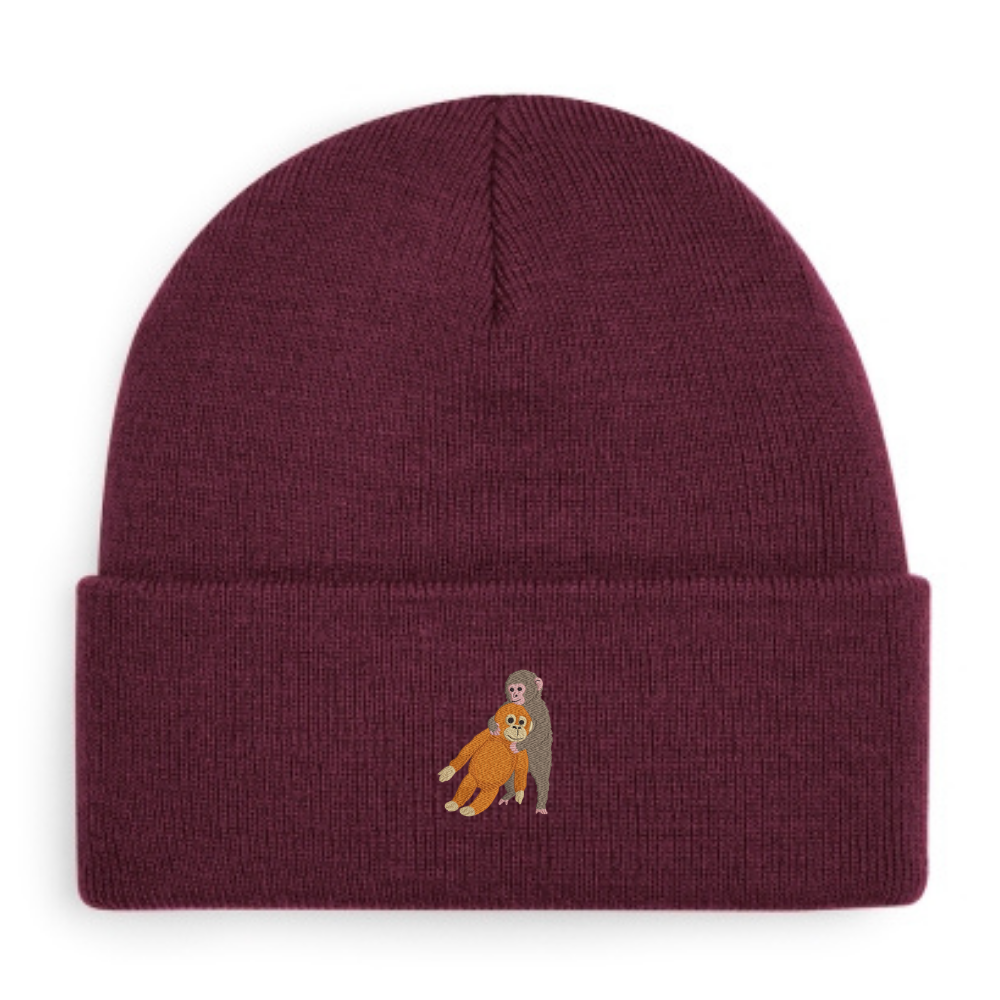 Heytoki Beanie aus Bio-Baumwolle in Burgundy mit gesticktem Affenmotiv