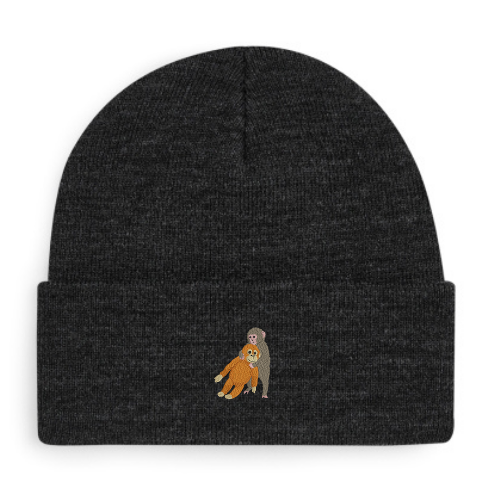 Heytoki Beanie aus Bio-Baumwolle in Charcoal mit gesticktem Affenmotiv