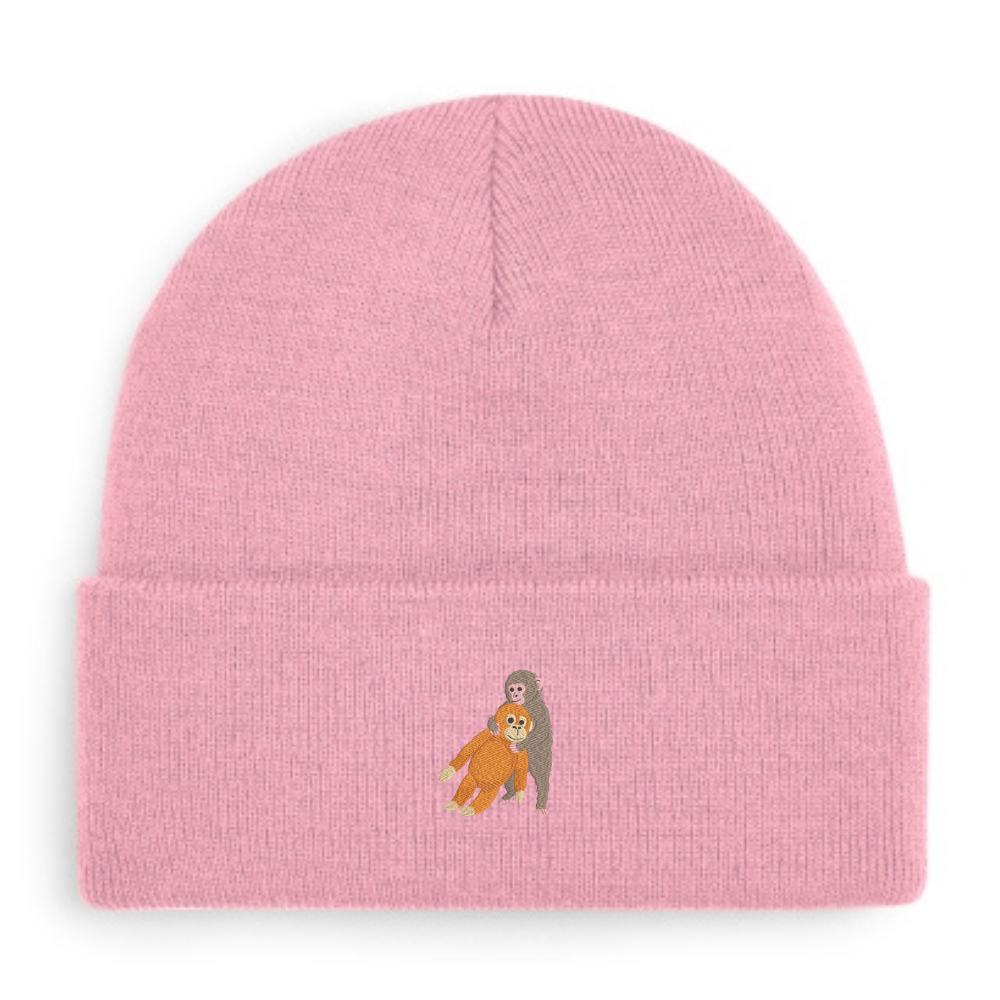 Heytoki Beanie aus Bio-Baumwolle in Dusky Pink mit gesticktem Affenmotiv