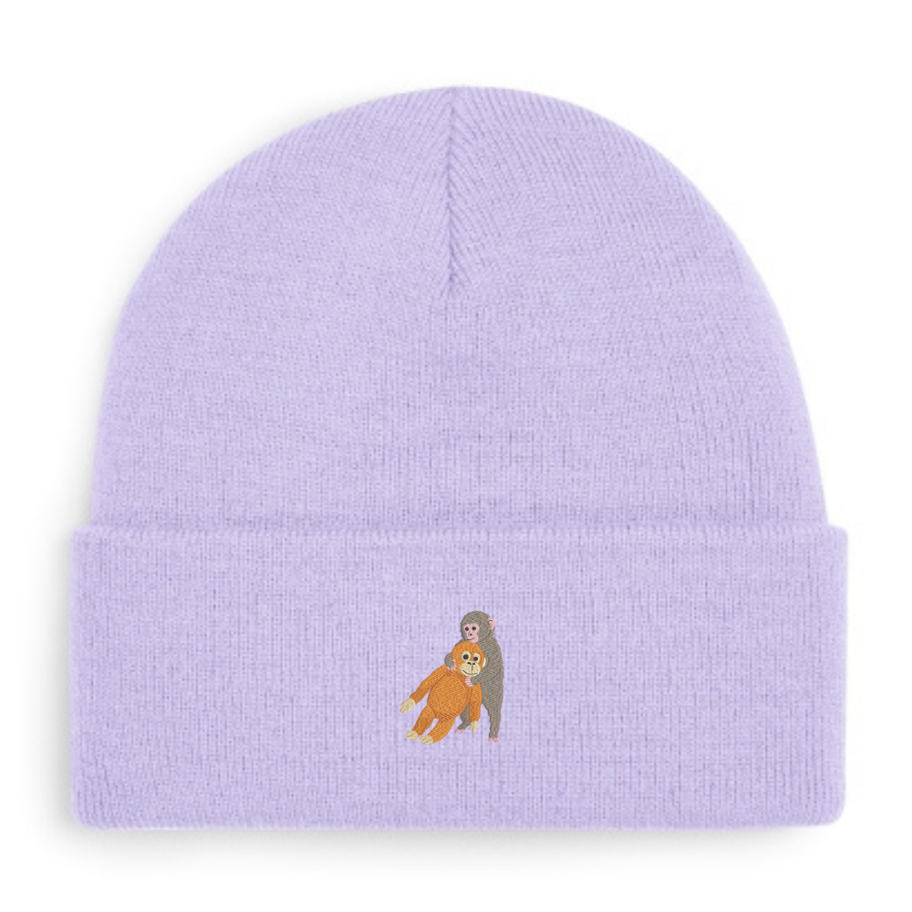 Heytoki Beanie aus Bio-Baumwolle in Lavender mit gesticktem Affenmotiv